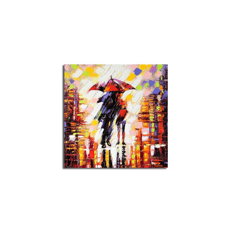 Canvas-taulu 45x45 cm - Siluetti henkilöstä sateenvarjon kanssa värikkäässä kaupunkiympäristössä - Punainen / Oranssi / Musta - Sisustustuotteet - Taulu & taide - Canvas-taulu