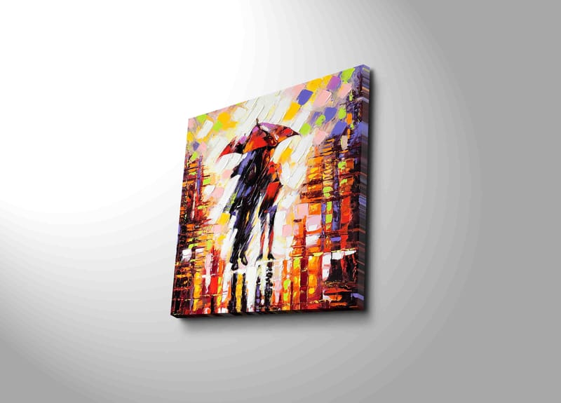Canvas-taulu 45x45 cm - Siluetti henkilöstä sateenvarjon kanssa värikkäässä kaupunkiympäristössä, Punainen / Oranssi / Musta