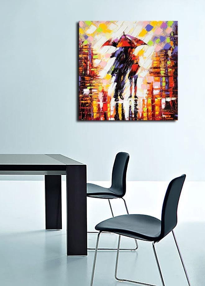 Canvas-taulu 45x45 cm - Siluetti henkilöstä sateenvarjon kanssa värikkäässä kaupunkiympäristössä - Punainen / Oranssi / Musta - Sisustustuotteet - Taulu & taide - Canvas-taulu