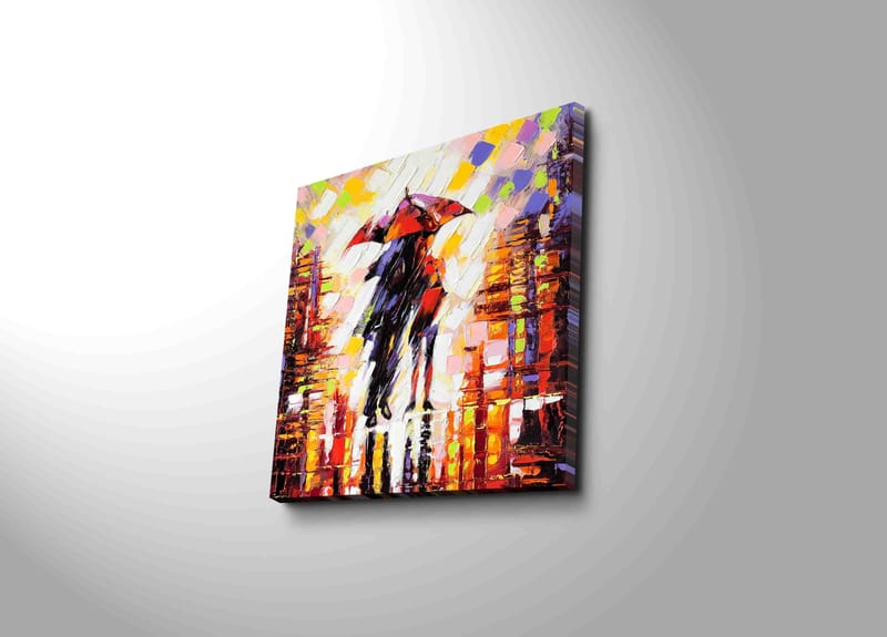 Canvas-taulu 45x45 cm - Siluetti henkilöstä sateenvarjon kanssa värikkäässä kaupunkiympäristössä, Punainen / Oranssi / Musta