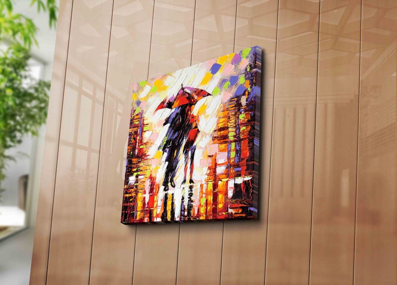 Canvas-taulu 45x45 cm - Siluetti henkilöstä sateenvarjon kanssa värikkäässä kaupunkiympäristössä - Punainen / Oranssi / Musta - Sisustustuotteet - Taulu & taide - Canvas-taulu