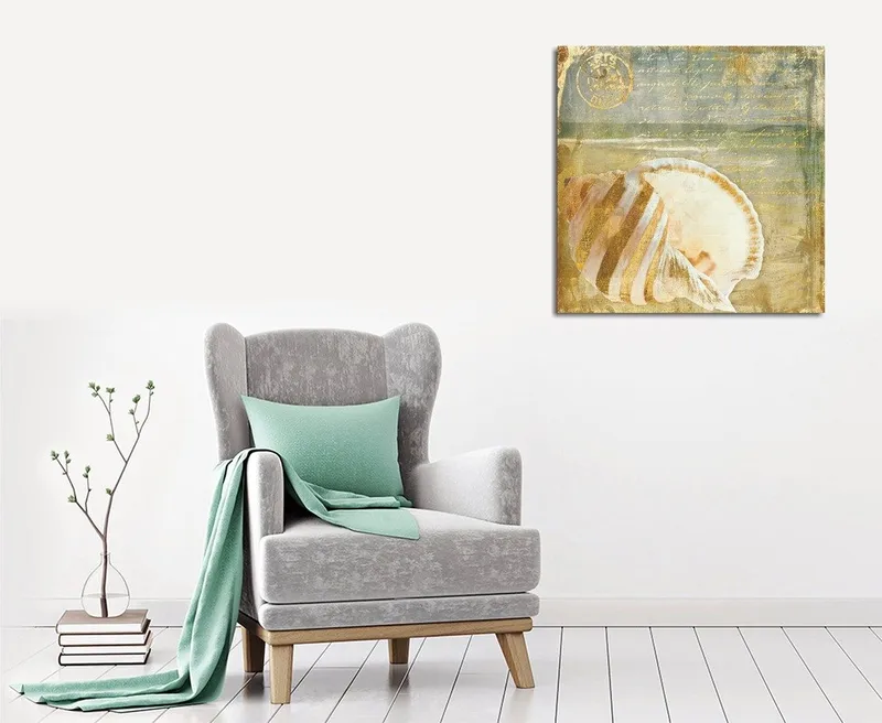 Canvas-taulu 45x45 cm - Simpukankuori hienovaraisilla yksityiskohdilla ja tekstuureilla, Beige / Sininen / Vihreä