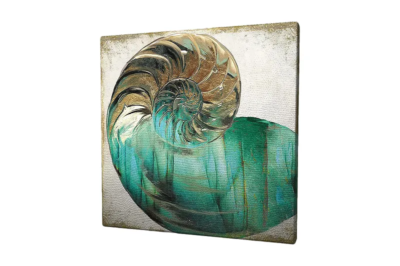 Canvas-taulu 45x45 cm - Simpukankuori spiraalikuviolla ja turkoosin sävyillä, Turkoosi / Kulta / Valkoinen