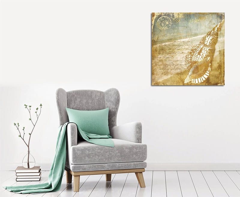 Canvas-taulu 45x45 cm - Simpukankuori vintage-henkisellä taustalla ja käsinkirjoitetulla tekstillä, Beige / Ruskea / Vaaleansininen