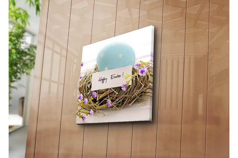 Canvas-taulu 45x45 cm - Siniset pääsiäismunat linnunpesässä violeteilla kukilla, Sininen / Ruskea / Violetti