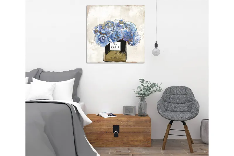 Canvas-taulu 45x45 cm - Sinisiä ruusuja hajuvesipullossa - Sininen / Musta / Kulta - Sisustustuotteet - Taulu & taide - Canvas-taulu