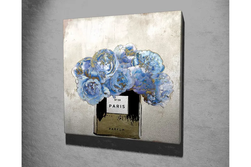 Canvas-taulu 45x45 cm - Sinisiä ruusuja hajuvesipullossa - Sininen / Musta / Kulta - Sisustustuotteet - Taulu & taide - Canvas-taulu