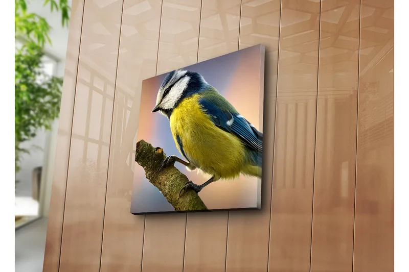 Canvas-taulu 45x45 cm - Sinitiainen oksalla - Sininen / Keltainen / Valkoinen - Sisustustuotteet - Taulu & taide - Canvas-taulu