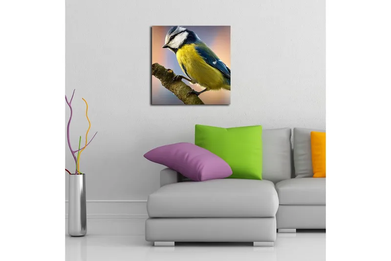 Canvas-taulu 45x45 cm - Sinitiainen oksalla - Sininen / Keltainen / Valkoinen - Sisustustuotteet - Taulu & taide - Canvas-taulu