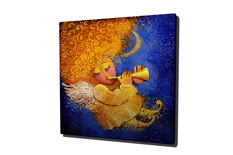 Canvas-taulu 45x45 cm - Soittava enkeli kultaisilla kiharoilla ja trumpetilla - Kulta / Sininen / Vaaleanpunainen - Sisustustuotteet - Taulu & taide - Canvas-taulu