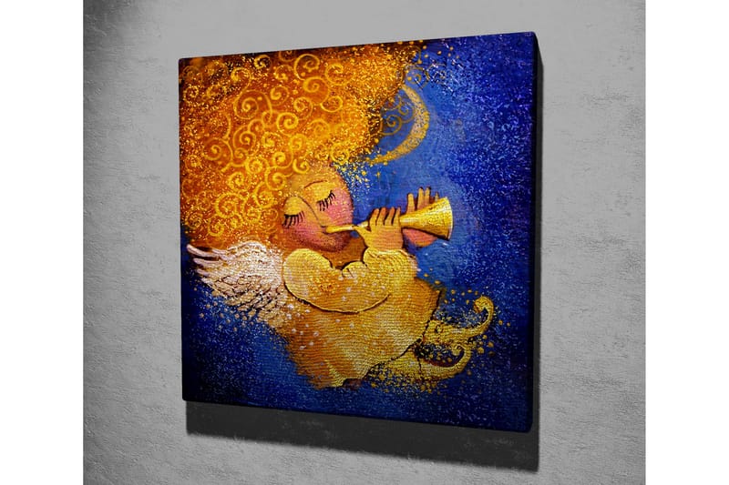 Canvas-taulu 45x45 cm - Soittava enkeli kultaisilla kiharoilla ja trumpetilla - Kulta / Sininen / Vaaleanpunainen - Sisustustuotteet - Taulu & taide - Canvas-taulu