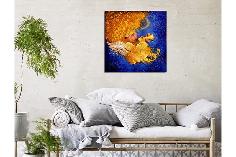 Canvas-taulu 45x45 cm - Soittava enkeli kultaisilla kiharoilla ja trumpetilla - Kulta / Sininen / Vaaleanpunainen - Sisustustuotteet - Taulu & taide - Canvas-taulu