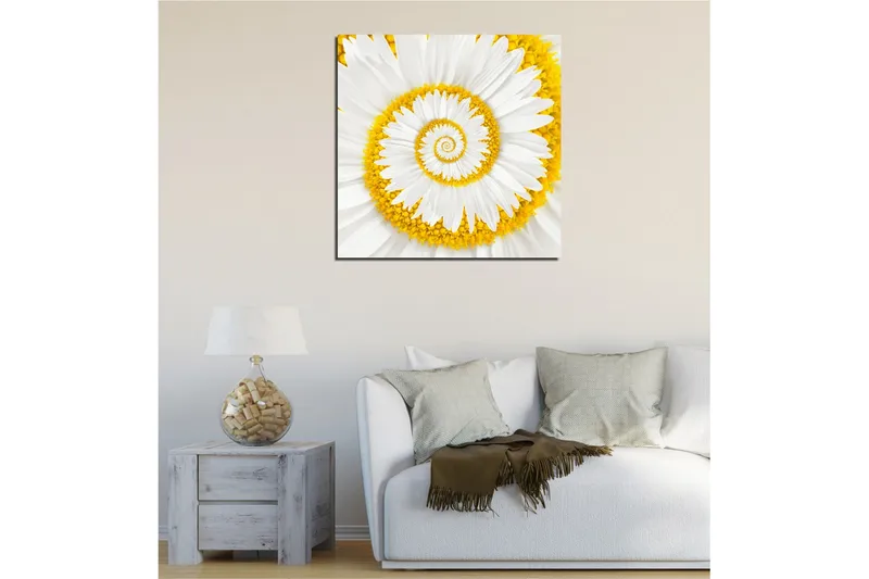 Canvas-taulu 45x45 cm - Spiraalikukka valkoisilla terälehdillä ja keltaisilla yksityiskohdilla - Valkoinen / Keltainen - Sisustustuotteet - Taulu & taide - Canvas-taulu
