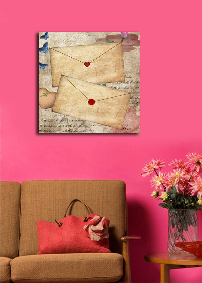 Canvas-taulu 45x45 cm - Sydämillä ja kukilla koristeltu kirje vanhanaikaiselle paperille - Beige / Punainen / Sininen - Sisustustuotteet - Taulu & taide - Canvas-taulu