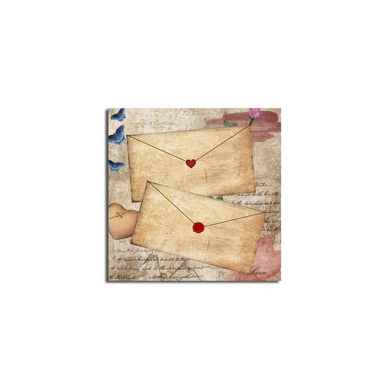 Canvas-taulu 45x45 cm - Sydämillä ja kukilla koristeltu kirje vanhanaikaiselle paperille - Beige / Punainen / Sininen - Sisustustuotteet - Taulu & taide - Canvas-taulu