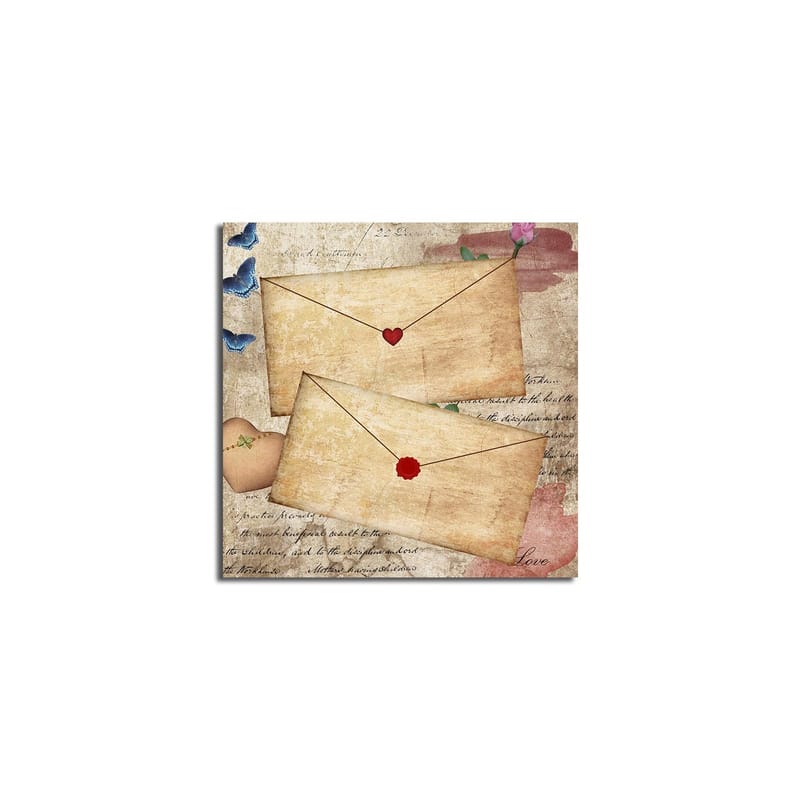 Canvas-taulu 45x45 cm - Sydämillä ja kukilla koristeltu kirje vanhanaikaiselle paperille - Beige / Punainen / Sininen - Sisustustuotteet - Taulu & taide - Canvas-taulu
