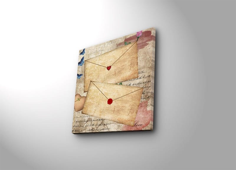 Canvas-taulu 45x45 cm - Sydämillä ja kukilla koristeltu kirje vanhanaikaiselle paperille, Beige / Punainen / Sininen