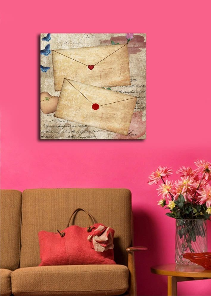 Canvas-taulu 45x45 cm - Sydämillä ja kukilla koristeltu kirje vanhanaikaiselle paperille - Beige / Punainen / Sininen - Sisustustuotteet - Taulu & taide - Canvas-taulu