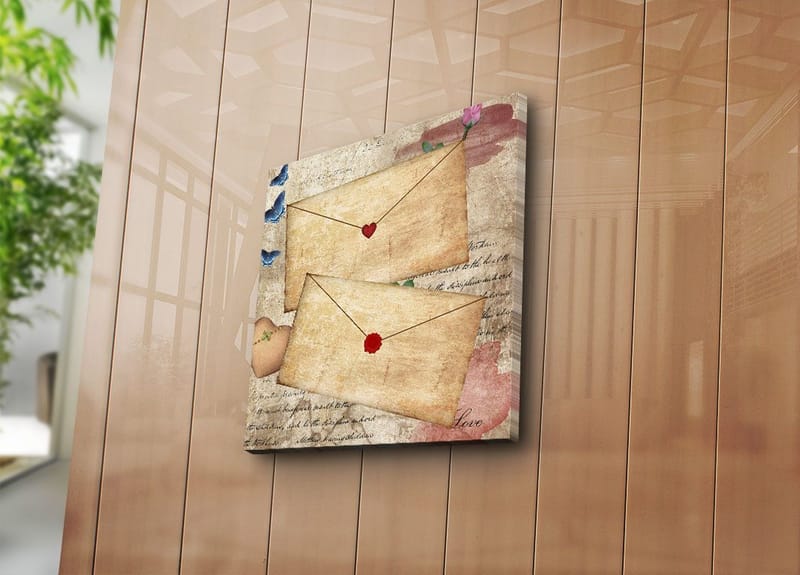 Canvas-taulu 45x45 cm - Sydämillä ja kukilla koristeltu kirje vanhanaikaiselle paperille - Beige / Punainen / Sininen - Sisustustuotteet - Taulu & taide - Canvas-taulu