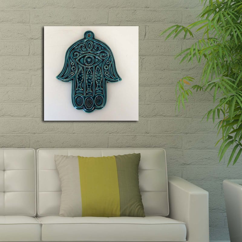 Canvas-taulu 45x45 cm - Symbolinen käsi silmällä ja monimutkaisilla kuvioilla - Turkoosi / Valkoinen - Sisustustuotteet - Taulu & taide - Canvas-taulu