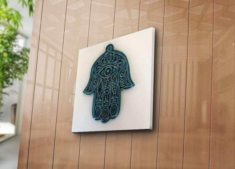 Canvas-taulu 45x45 cm - Symbolinen käsi silmällä ja monimutkaisilla kuvioilla - Turkoosi / Valkoinen - Sisustustuotteet - Taulu & taide - Canvas-taulu