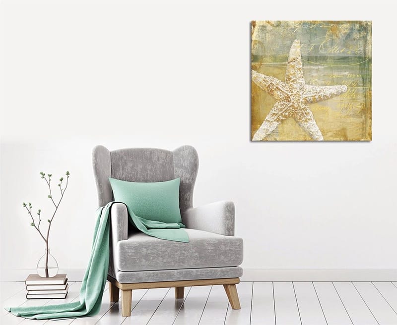 Canvas-taulu 45x45 cm - Tähti hiekassa vintage-henkisellä taustalla, Kulta / Beige / Vaaleansininen