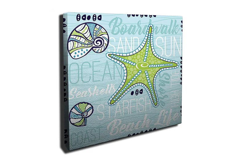 Canvas-taulu 45x45 cm - Tähti meressä simpukoilla ja teksturoiduilla taustoilla, Vaaleansininen / Vihreä / Tummansininen