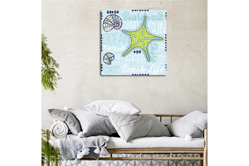 Canvas-taulu 45x45 cm - Tähti meressä simpukoilla ja teksturoiduilla taustoilla - Vaaleansininen / Vihreä / Tummansininen - Sisustustuotteet - Taulu & taide - Canvas-taulu