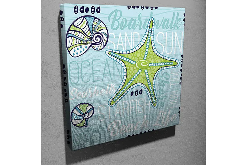 Canvas-taulu 45x45 cm - Tähti meressä simpukoilla ja teksturoiduilla taustoilla - Vaaleansininen / Vihreä / Tummansininen - Sisustustuotteet - Taulu & taide - Canvas-taulu