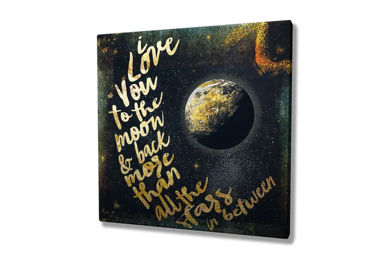 Canvas-taulu 45x45 cm - Teksti rakkausviestillä ja maapallo avaruudessa, Kulta / Musta / Sininen
