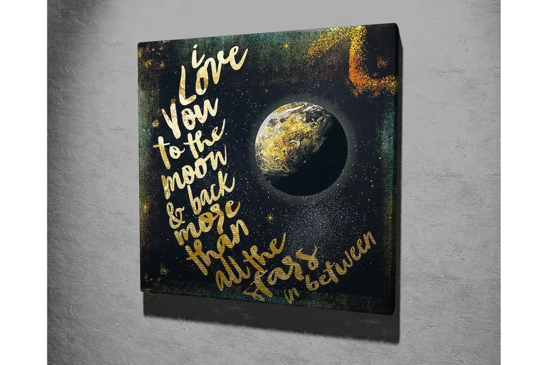 Canvas-taulu 45x45 cm - Teksti rakkausviestillä ja maapallo avaruudessa - Kulta / Musta / Sininen - Sisustustuotteet - Taulu & taide - Canvas-taulu