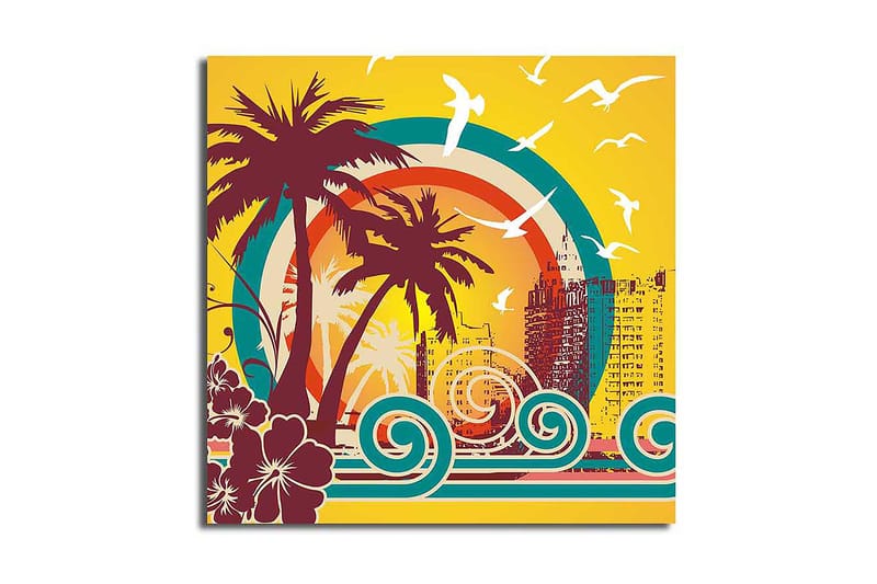 Canvas-taulu 45x45 cm - Trooppinen rantamaisema palmujen ja meren aaltojen kanssa, Tummanpunainen / Turkoosi / Keltainen