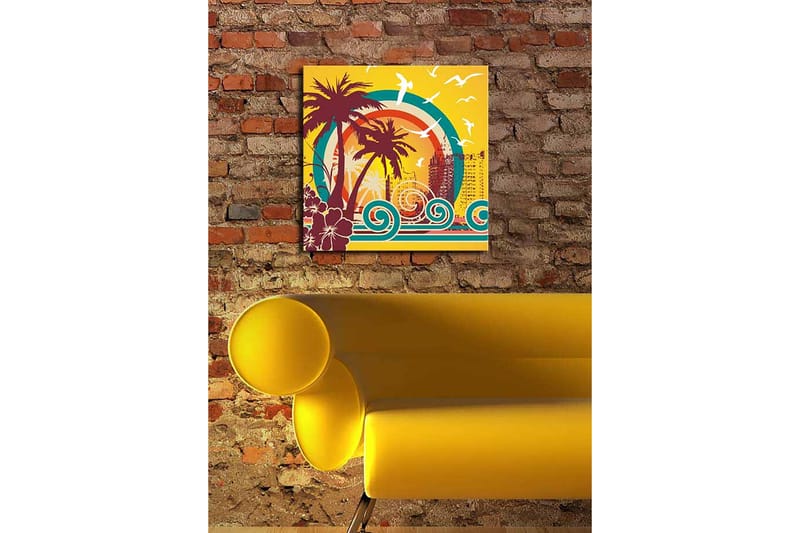 Canvas-taulu 45x45 cm - Trooppinen rantamaisema palmujen ja meren aaltojen kanssa - Tummanpunainen / Turkoosi / Keltainen - Sisustustuotteet - Taulu & taide - Canvas-taulu