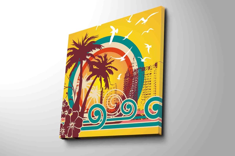 Canvas-taulu 45x45 cm - Trooppinen rantamaisema palmujen ja meren aaltojen kanssa - Tummanpunainen / Turkoosi / Keltainen - Sisustustuotteet - Taulu & taide - Canvas-taulu