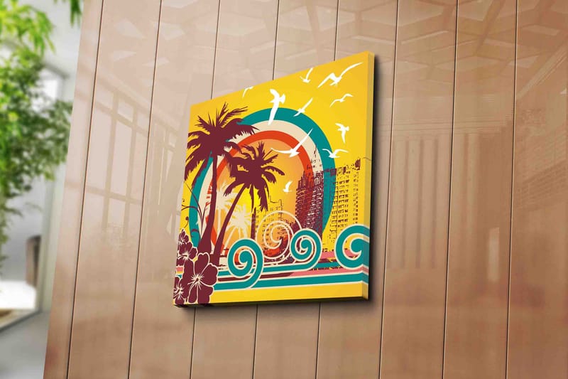 Canvas-taulu 45x45 cm - Trooppinen rantamaisema palmujen ja meren aaltojen kanssa - Tummanpunainen / Turkoosi / Keltainen - Sisustustuotteet - Taulu & taide - Canvas-taulu