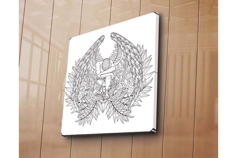 Canvas-taulu 45x45 cm - Tumma ja yksityiskohtainen veistos istuvasta hahmosta höyhenten ja kasvillisuuden ympäröimänä - Musta / Valkoinen - Sisustustuotteet - Taulu & taide - Canvas-taulu