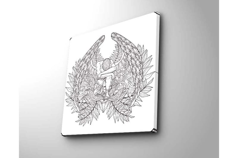 Canvas-taulu 45x45 cm - Tumma ja yksityiskohtainen veistos istuvasta hahmosta höyhenten ja kasvillisuuden ympäröimänä - Musta / Valkoinen - Sisustustuotteet - Taulu & taide - Canvas-taulu