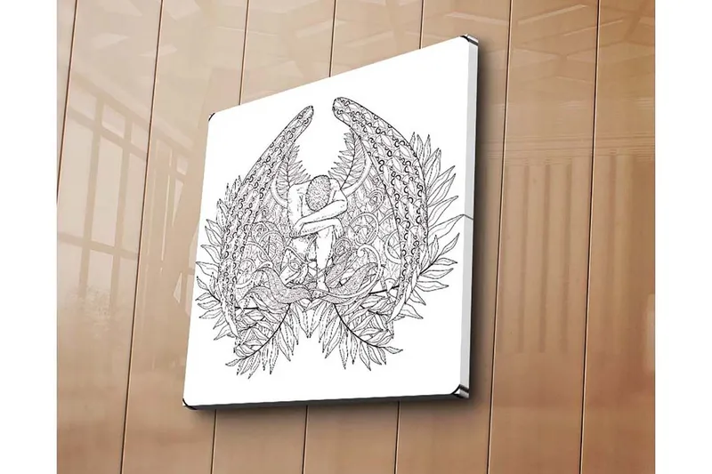 Canvas-taulu 45x45 cm - Tumma ja yksityiskohtainen veistos istuvasta hahmosta höyhenten ja kasvillisuuden ympäröimänä - Musta / Valkoinen - Sisustustuotteet - Taulu & taide - Canvas-taulu