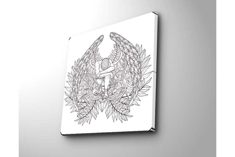 Canvas-taulu 45x45 cm - Tumma ja yksityiskohtainen veistos istuvasta hahmosta höyhenten ja kasvillisuuden ympäröimänä - Musta / Valkoinen - Sisustustuotteet - Taulu & taide - Canvas-taulu