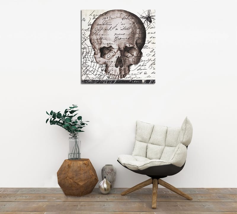 Canvas-taulu 45x45 cm - Tumma pääkallo käsinkirjoitetulla tekstillä ja hämähäkkiaiheella, Harmaa / Musta / Beige