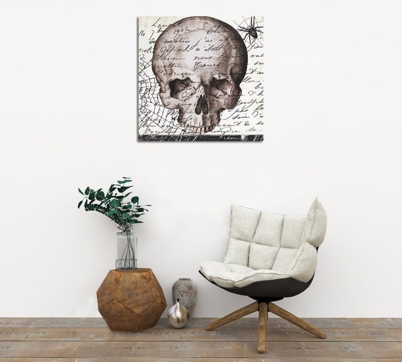 Canvas-taulu 45x45 cm - Tumma pääkallo käsinkirjoitetulla tekstillä ja hämähäkkiaiheella, Harmaa / Musta / Beige