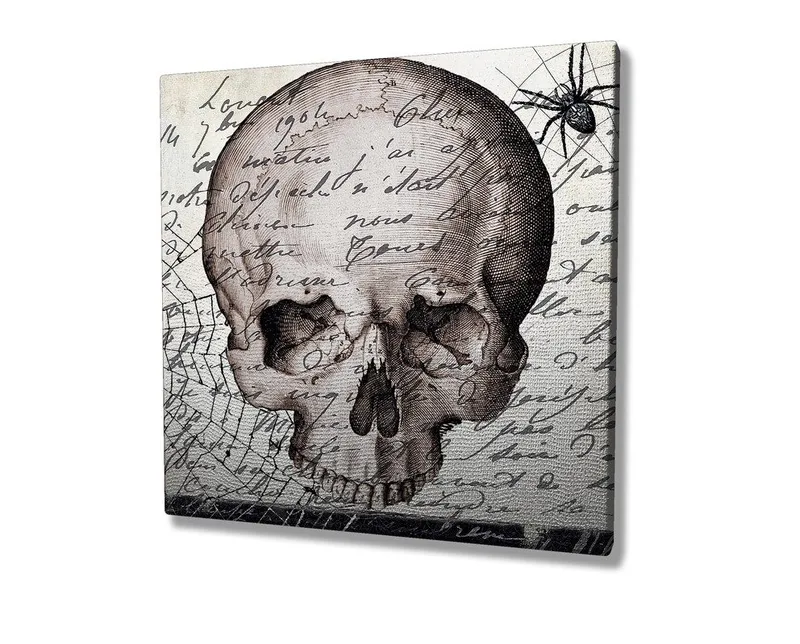 Canvas-taulu 45x45 cm - Tumma pääkallo käsinkirjoitetulla tekstillä ja hämähäkkiaiheella - Harmaa / Musta / Beige - Sisustustuotteet - Taulu & taide - Canvas-taulu