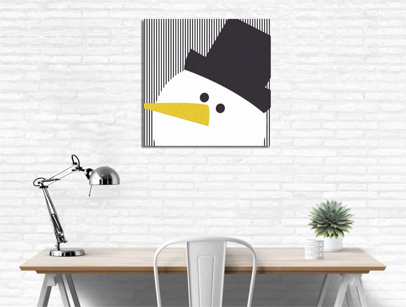 Canvas-taulu 45x45 cm - Tyylitelty lumiukko hatulla ja keltaisella nokalla, Musta / Valkoinen / Keltainen