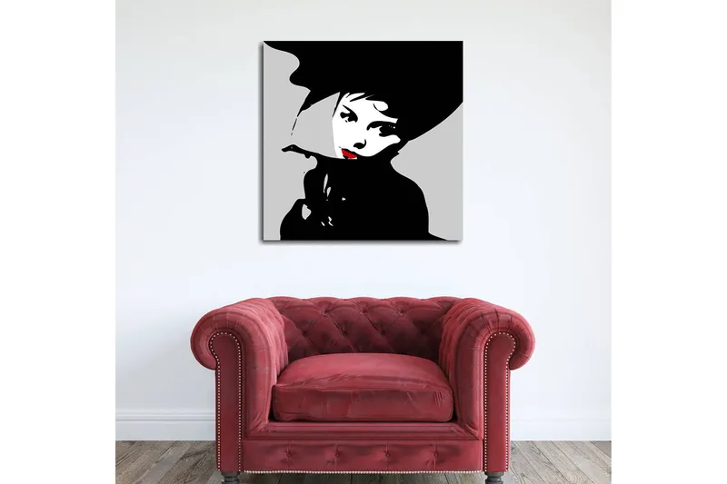 Canvas-taulu 45x45 cm - Tyylitelty muotokuva naisesta hattu päässä ja punainen huulipuna, Musta / Valkoinen / Harmaa