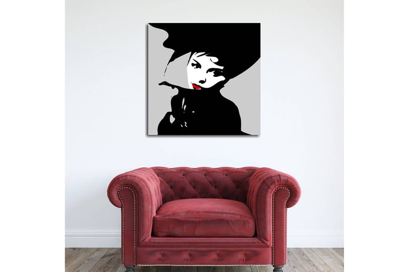 Canvas-taulu 45x45 cm - Tyylitelty muotokuva naisesta hattu päässä ja punainen huulipuna, Musta / Valkoinen / Harmaa
