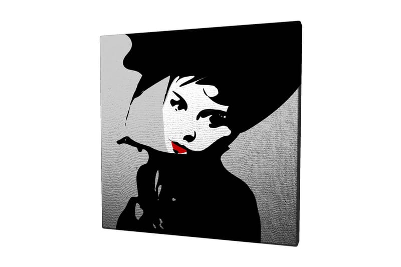 Canvas-taulu 45x45 cm - Tyylitelty muotokuva naisesta hattu päässä ja punainen huulipuna - Musta / Valkoinen / Harmaa - Sisustustuotteet - Taulu & taide - Canvas-taulu