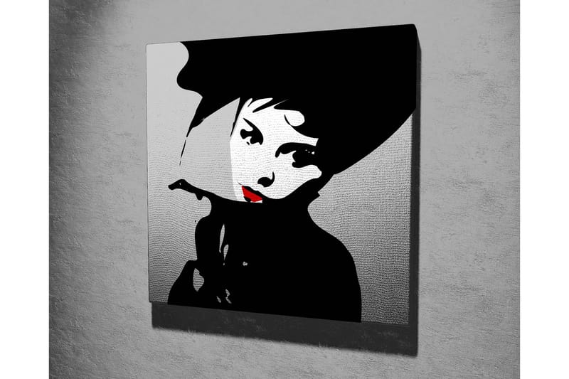 Canvas-taulu 45x45 cm - Tyylitelty muotokuva naisesta hattu päässä ja punainen huulipuna - Musta / Valkoinen / Harmaa - Sisustustuotteet - Taulu & taide - Canvas-taulu