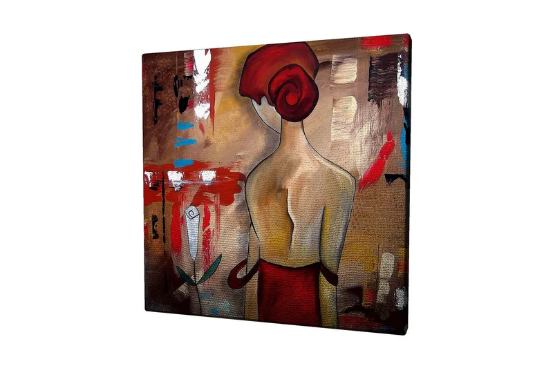 Canvas-taulu 45x45 cm - Tyylitelty nainen punaisessa hiussolmussa ja punaisessa mekossa, Punainen / Beige / Musta