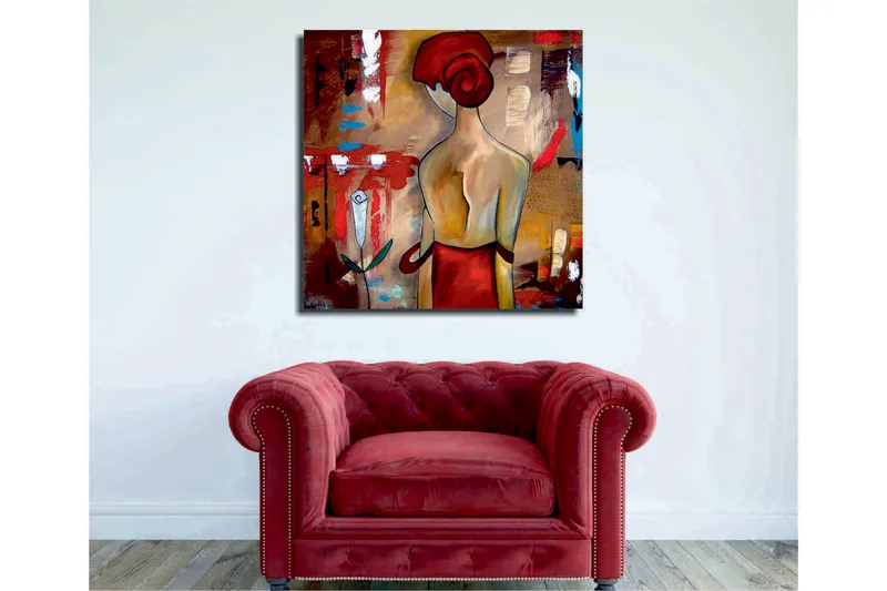 Canvas-taulu 45x45 cm - Tyylitelty nainen punaisessa hiussolmussa ja punaisessa mekossa - Punainen / Beige / Musta - Sisustustuotteet - Taulu & taide - Canvas-taulu