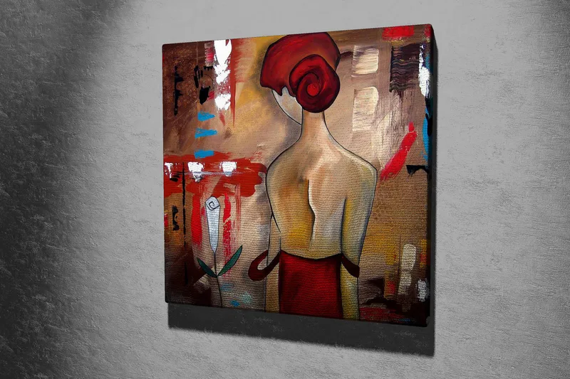 Canvas-taulu 45x45 cm - Tyylitelty nainen punaisessa hiussolmussa ja punaisessa mekossa - Punainen / Beige / Musta - Sisustustuotteet - Taulu & taide - Canvas-taulu